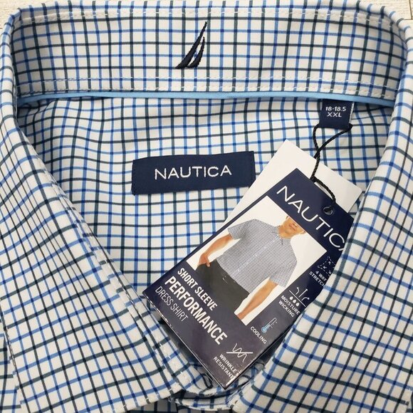 Nautica Performance Dress Shirt SS Blue Check Stretch Cooling Mens XXL 2XL NWT - Picture 4 of 12